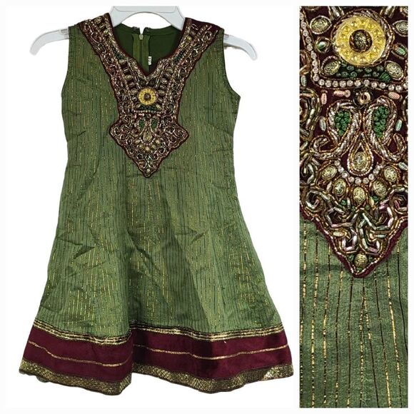 Girls Green/Gold Fancy Embroidered Indian Party Tulle Dress Churidar Gown 24 5T - Picture 2 of 12